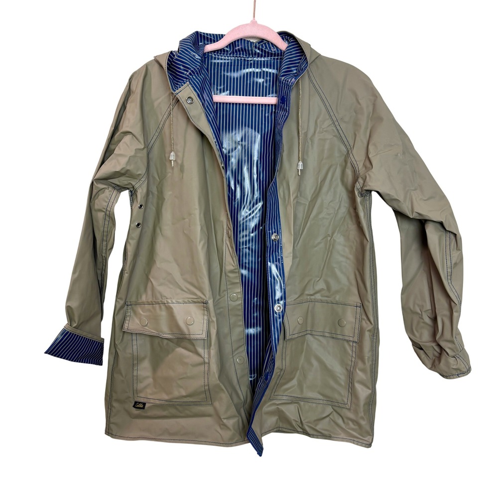Cella Reversible Raincoat Women's Medium Hooded Pockets Striped Beige‎ Blue